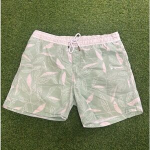 Charlie Holiday Mens Sage Green Pink Leaf Print Swim Trunks Size 32